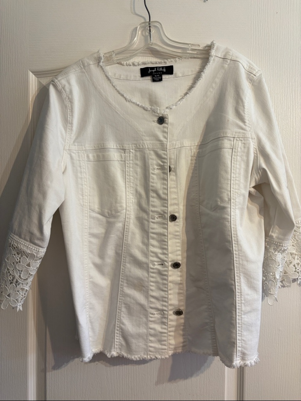 White Button-Front Jacket with Lace Trim light weight tons of stretch